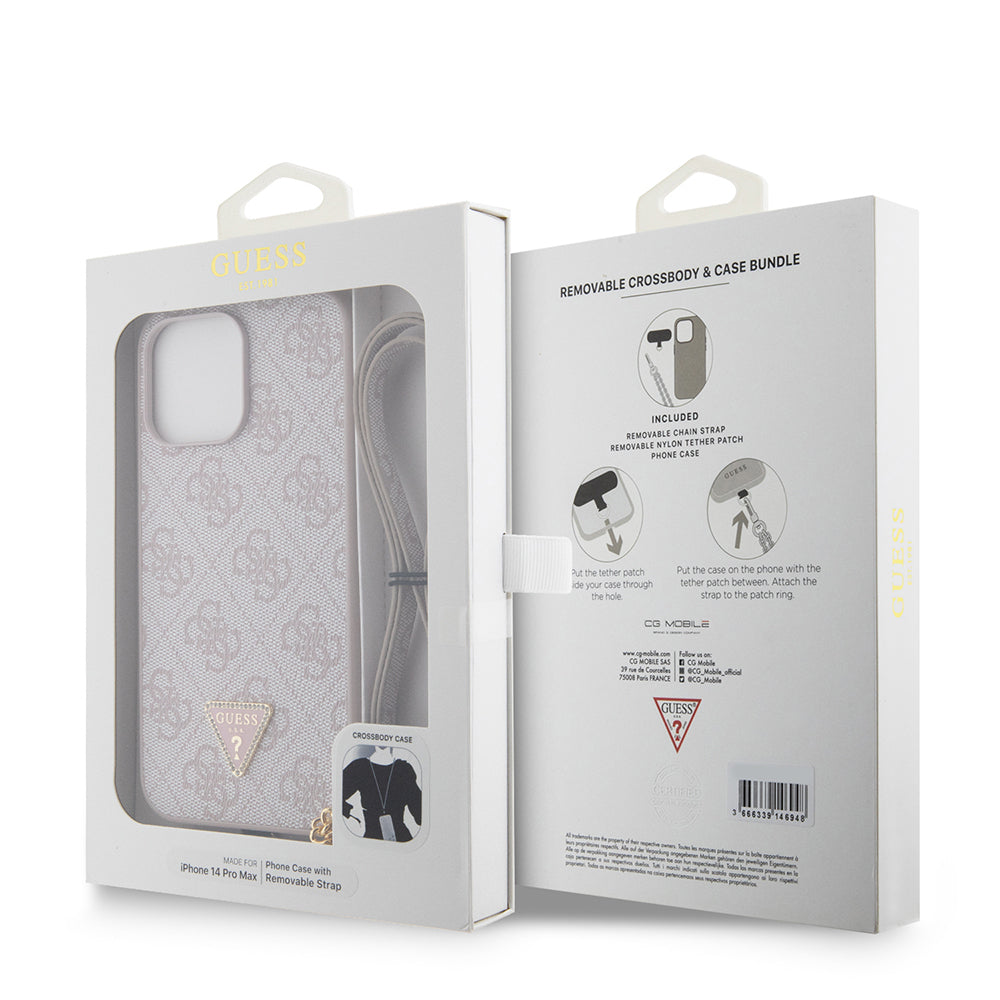 Guess iPhone 14 Pro Max Orjinal Lisanslı PU Deri Taşlı Metal Üçgen Logolu Çapraz Vücut Askılı 4G Desenli Kılıf Guess iPhone 14 Pro Max Orjinal Lisanslı PU Deri Taşlı Metal Üçgen Logolu Çapraz Vücut Askılı 4G Desenli Kılıf